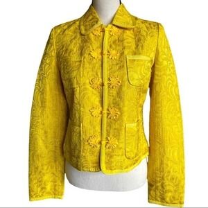 Yellow Floral Embossed Oriental Style Jacket Asian Inspired Cropped  size Small‎